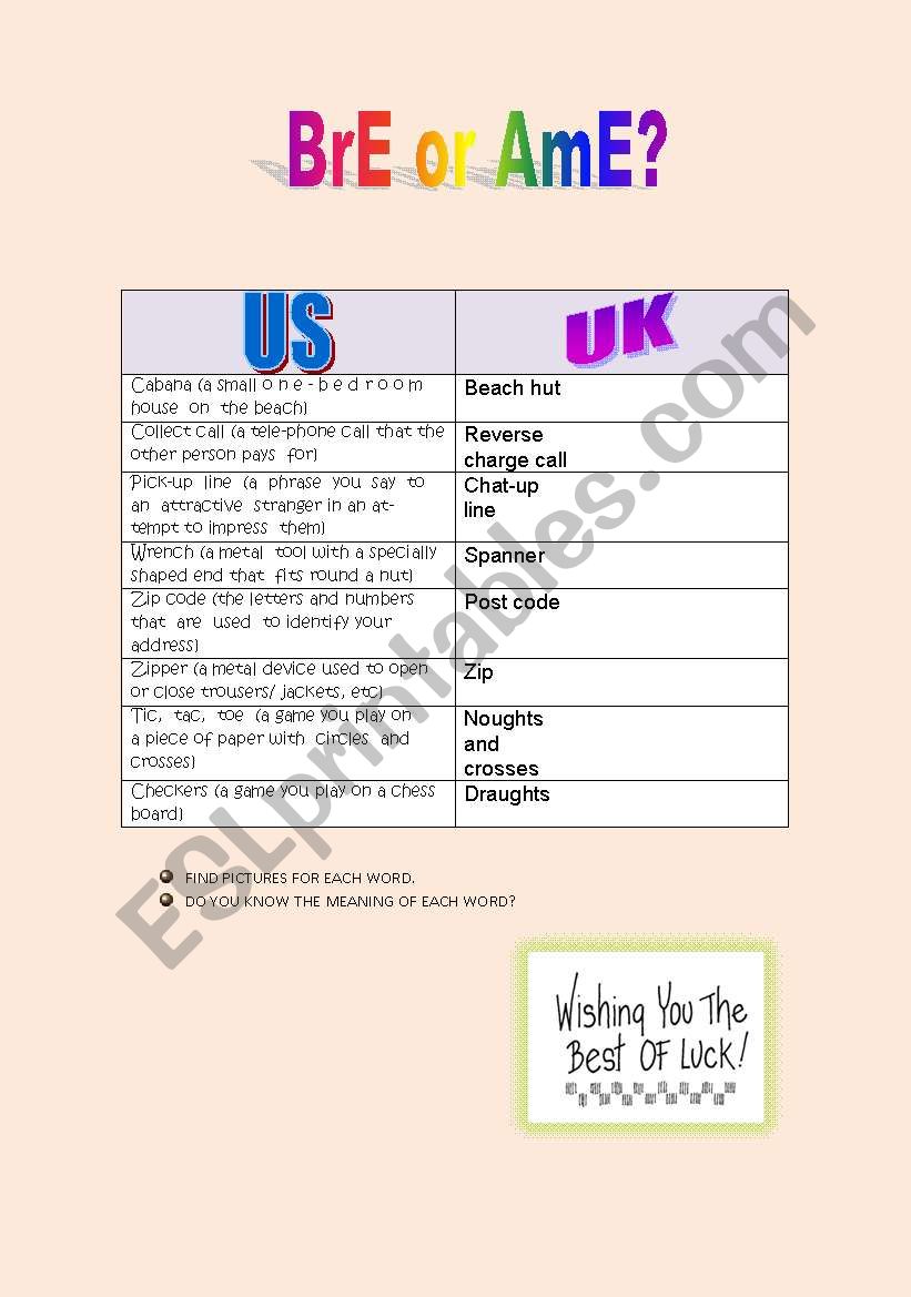 AmE & BrE worksheet