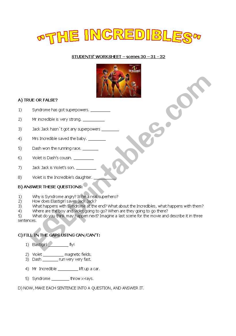 THE INCREDIBLES WORKSHEET worksheet