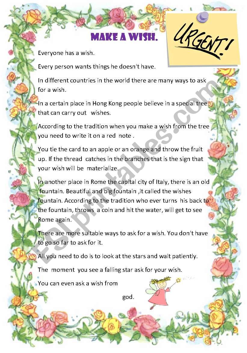 short story-make a wish. worksheet