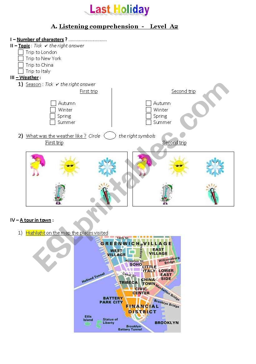 Last Holiday level A2 worksheet