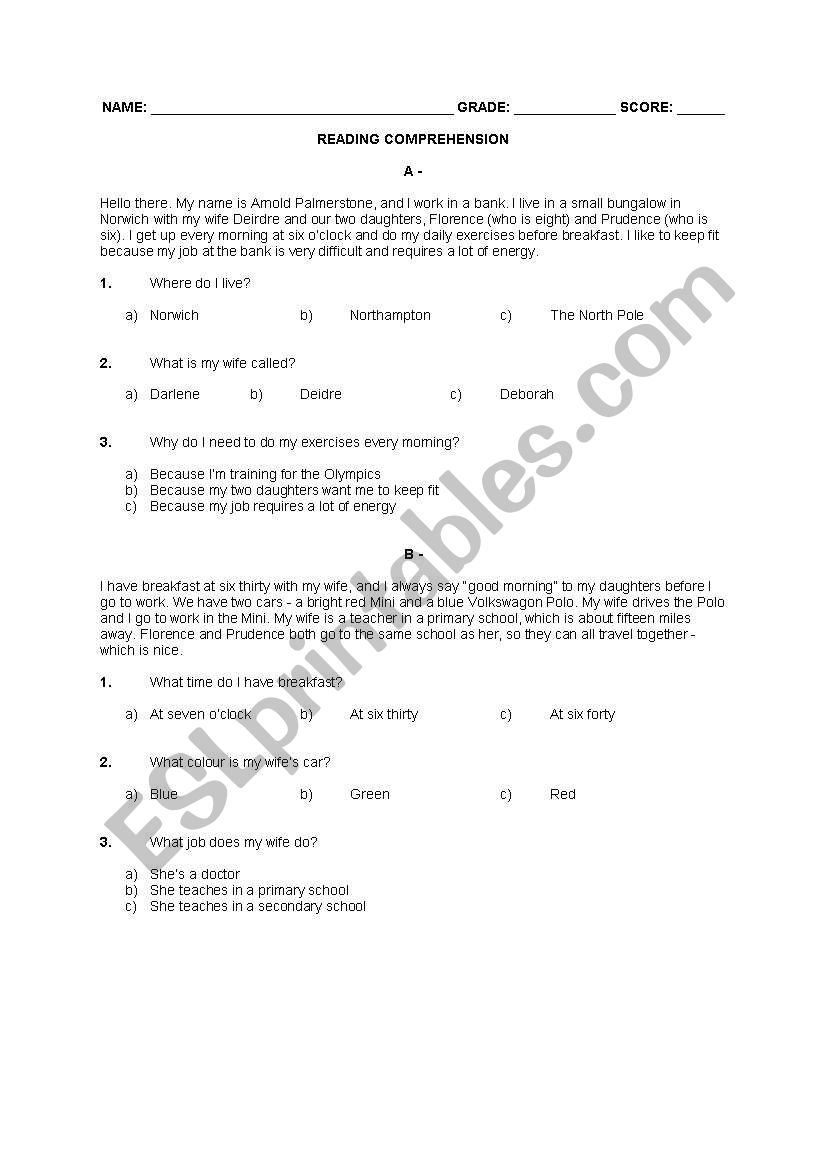 READING COMPREHENSION worksheet