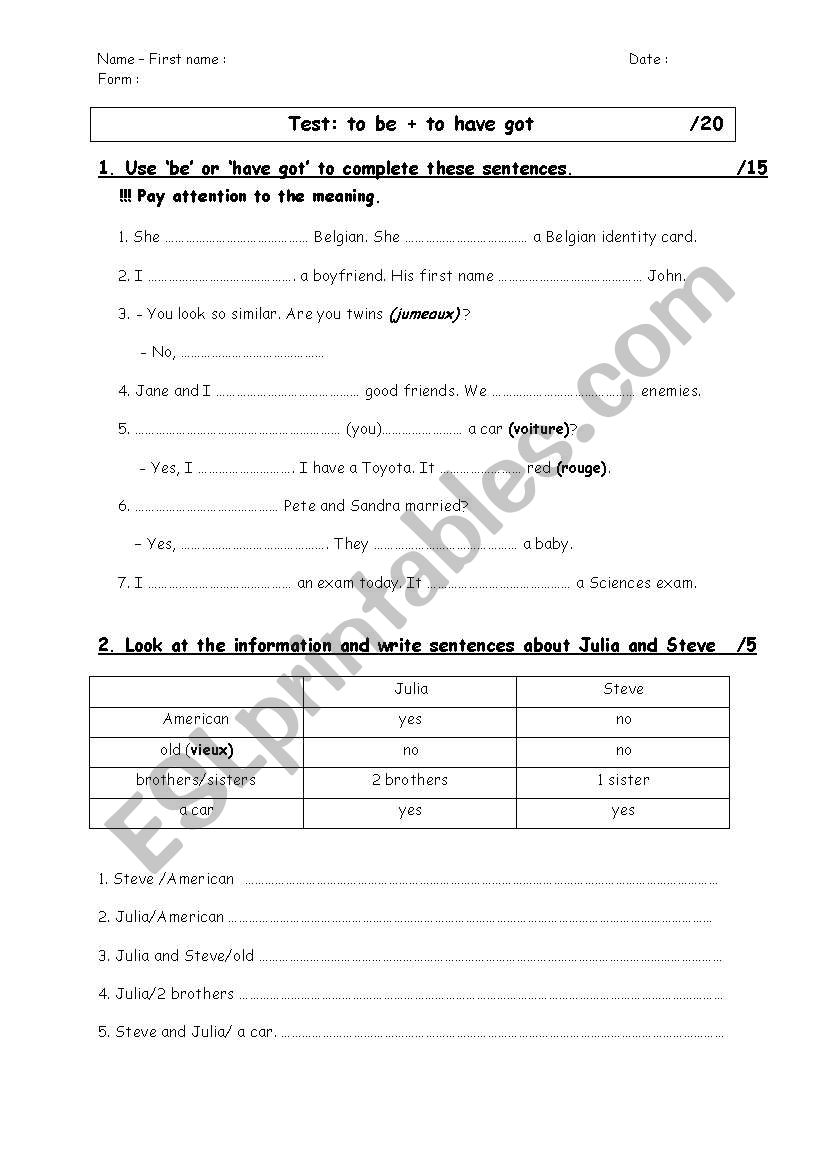Test: to be and to have got worksheet