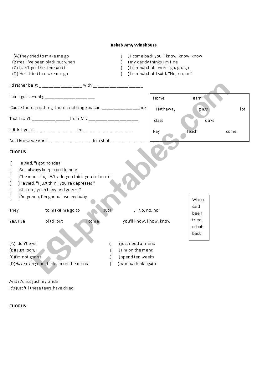 Rehab - Amy Winehouse worksheet