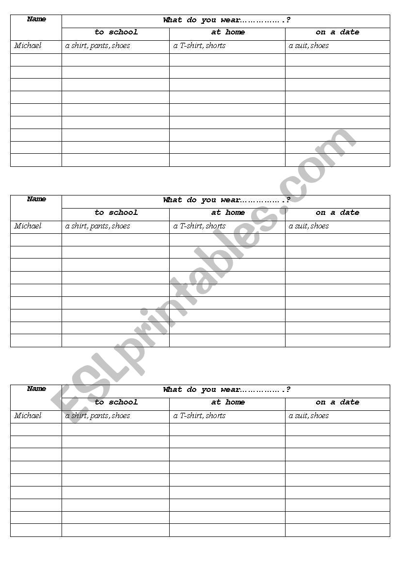Survey on Clothes worksheet