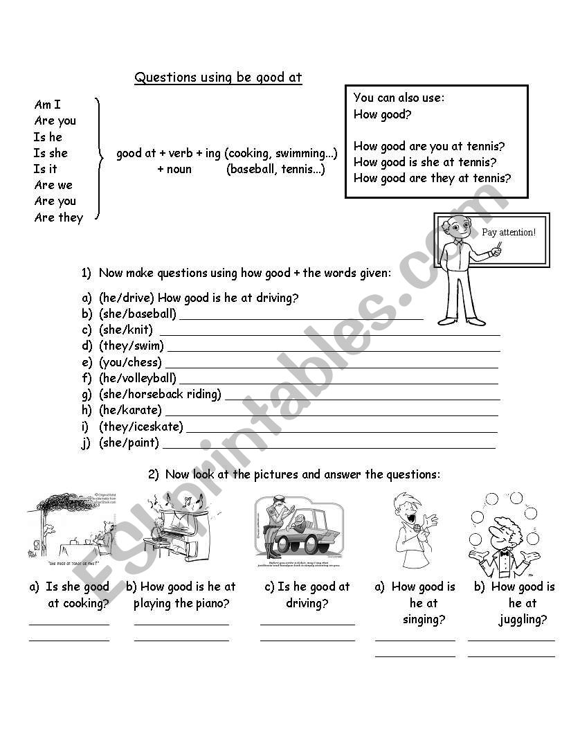 Questions using be good at worksheet
