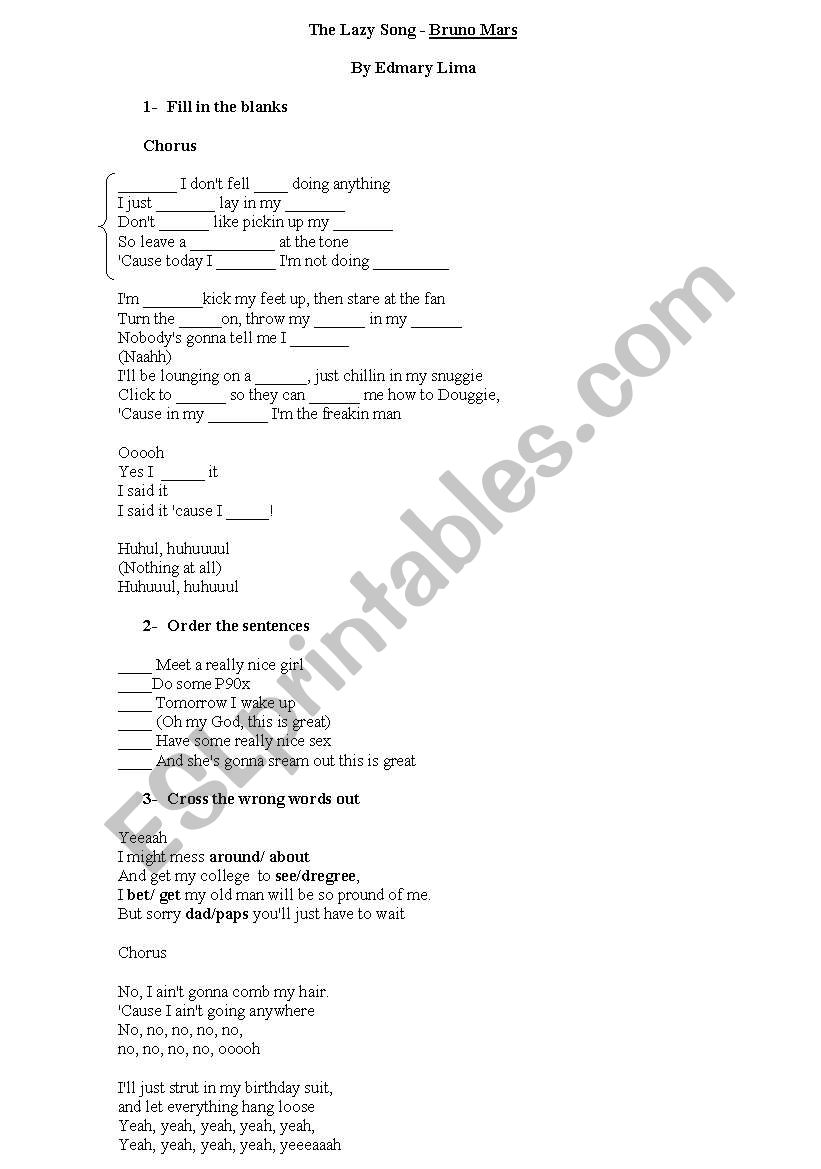 The lazy song - Bruno Mars worksheet