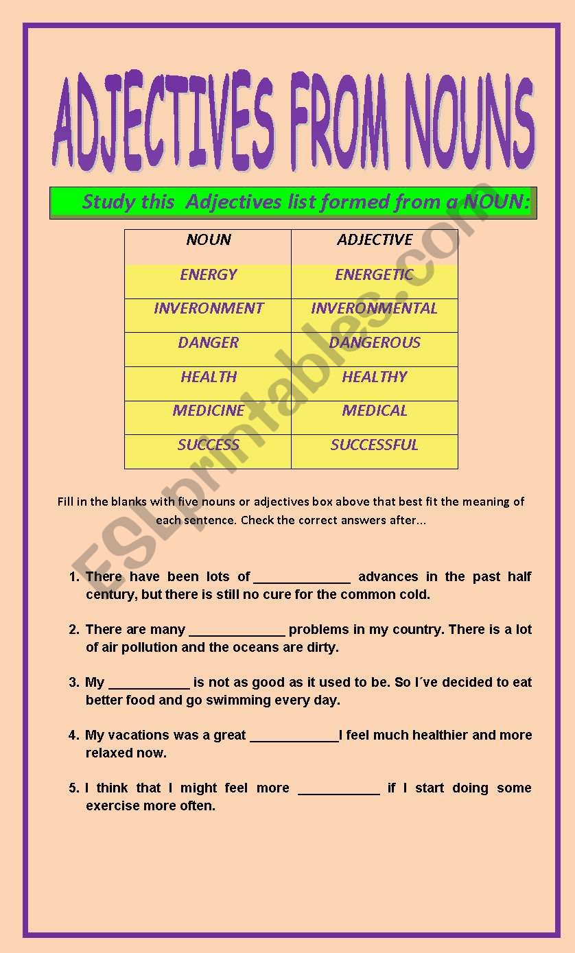 ADJECTIVES FROM NOUNS, ABOUT HEALTH AND  EXERCISES WITH ANSWER KEY