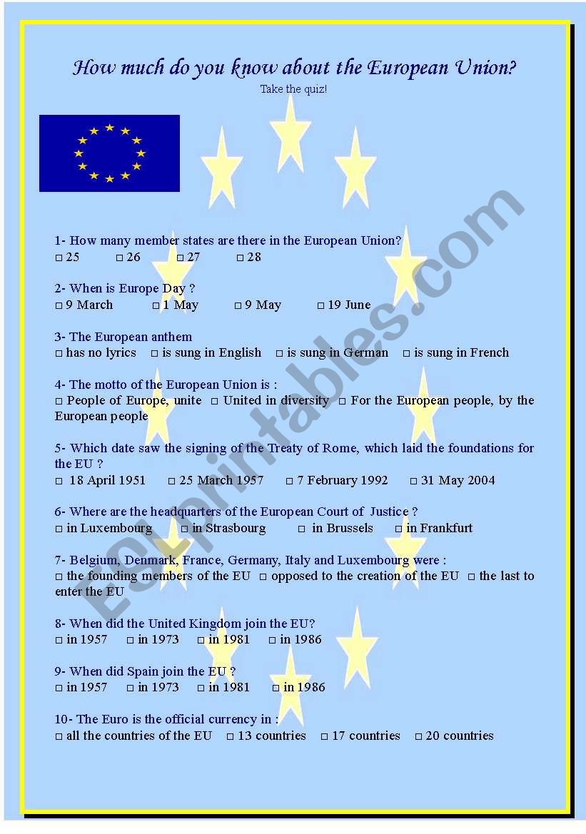 The EU quiz worksheet