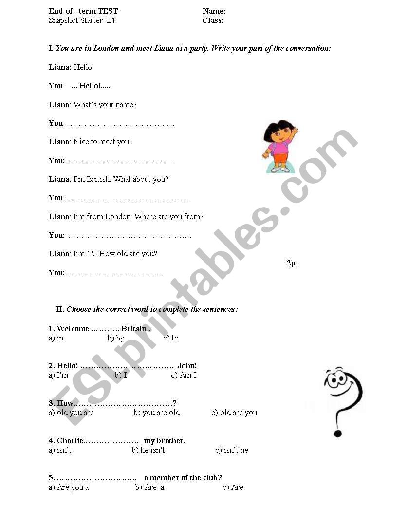 Beginners  test worksheet