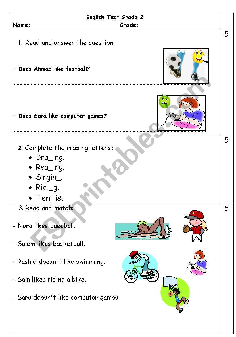 grade 2 test worksheet