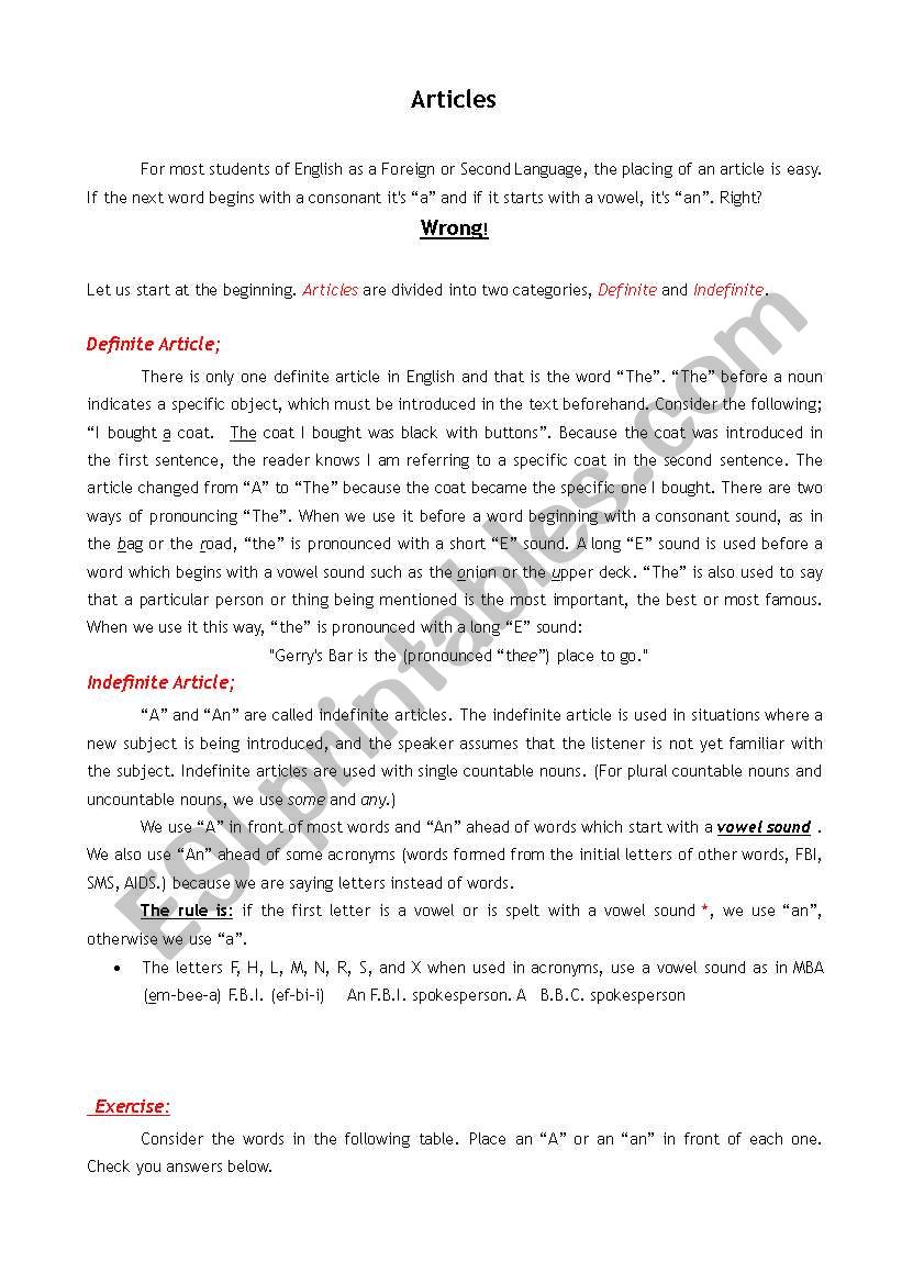 articles worksheet