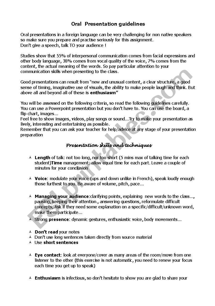 Oral presentation guidelines worksheet