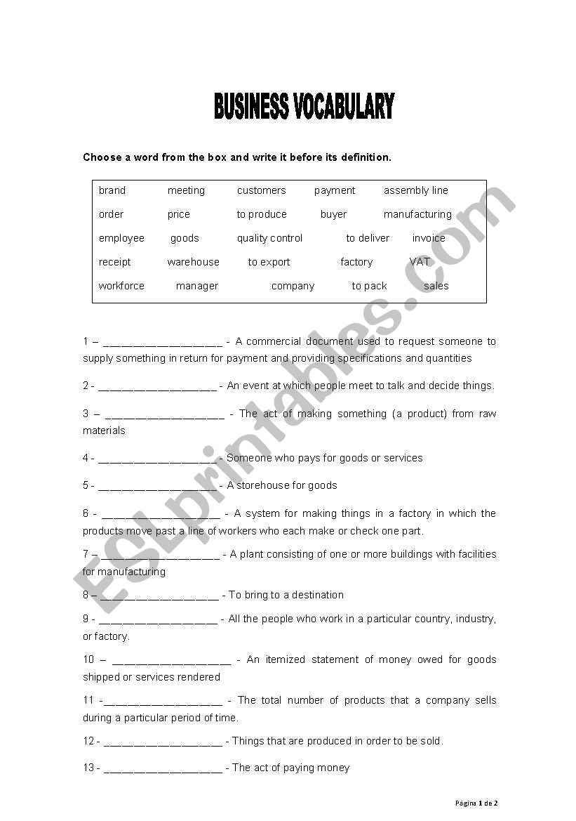 Business vocabulary worksheet