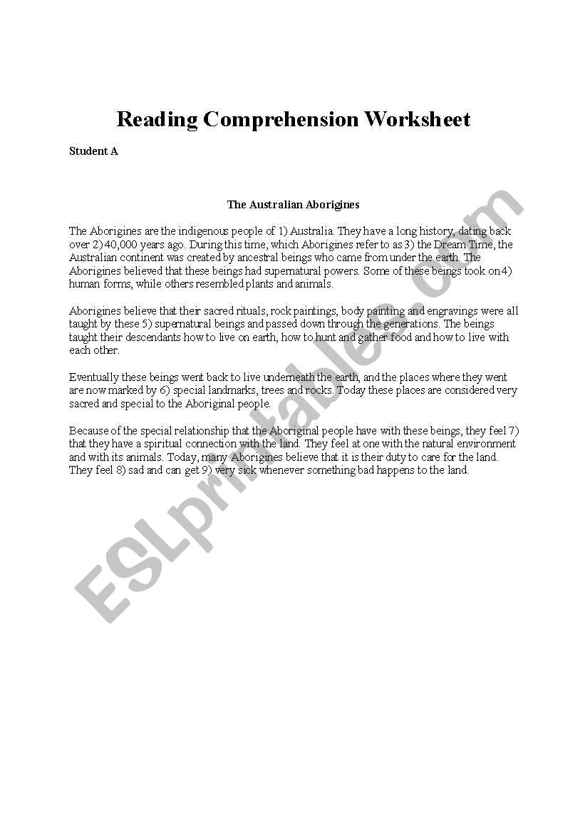 Reading Comprehension Worksheet