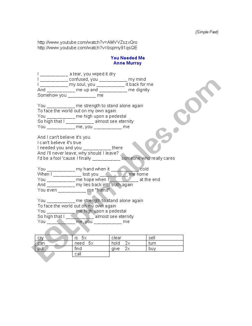 Simple past song practice worksheet