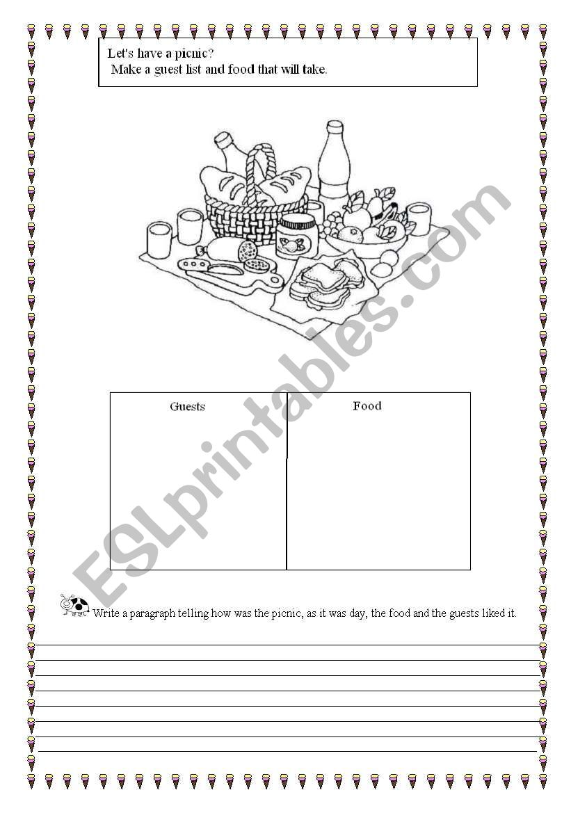 writing about food picnic. worksheet