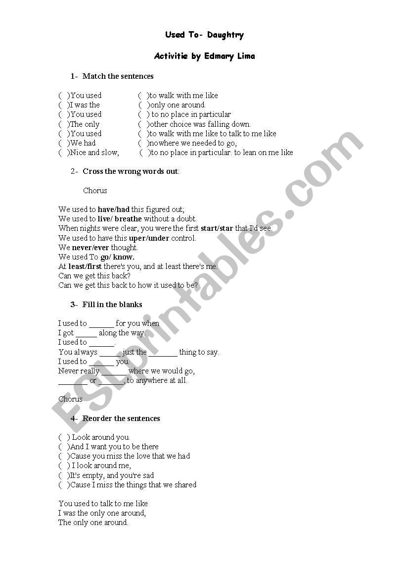 USED TO - DAUGHTRY worksheet