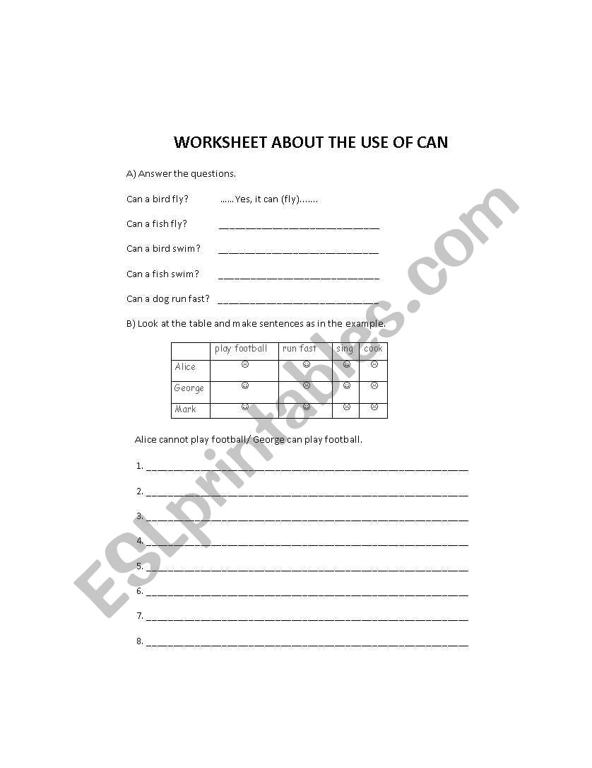Worksheet about the use of CAN