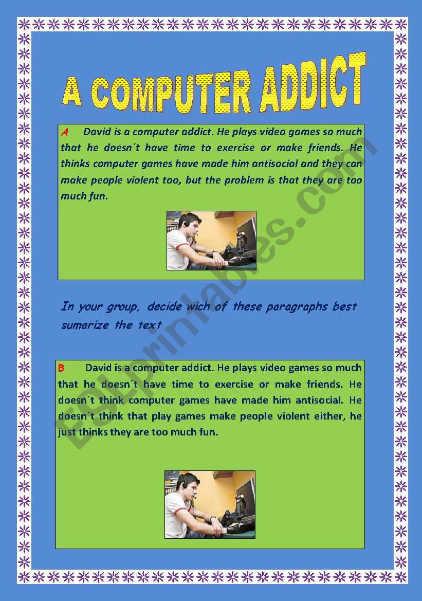 A COMPUTER ADDICT. Reading  worksheet