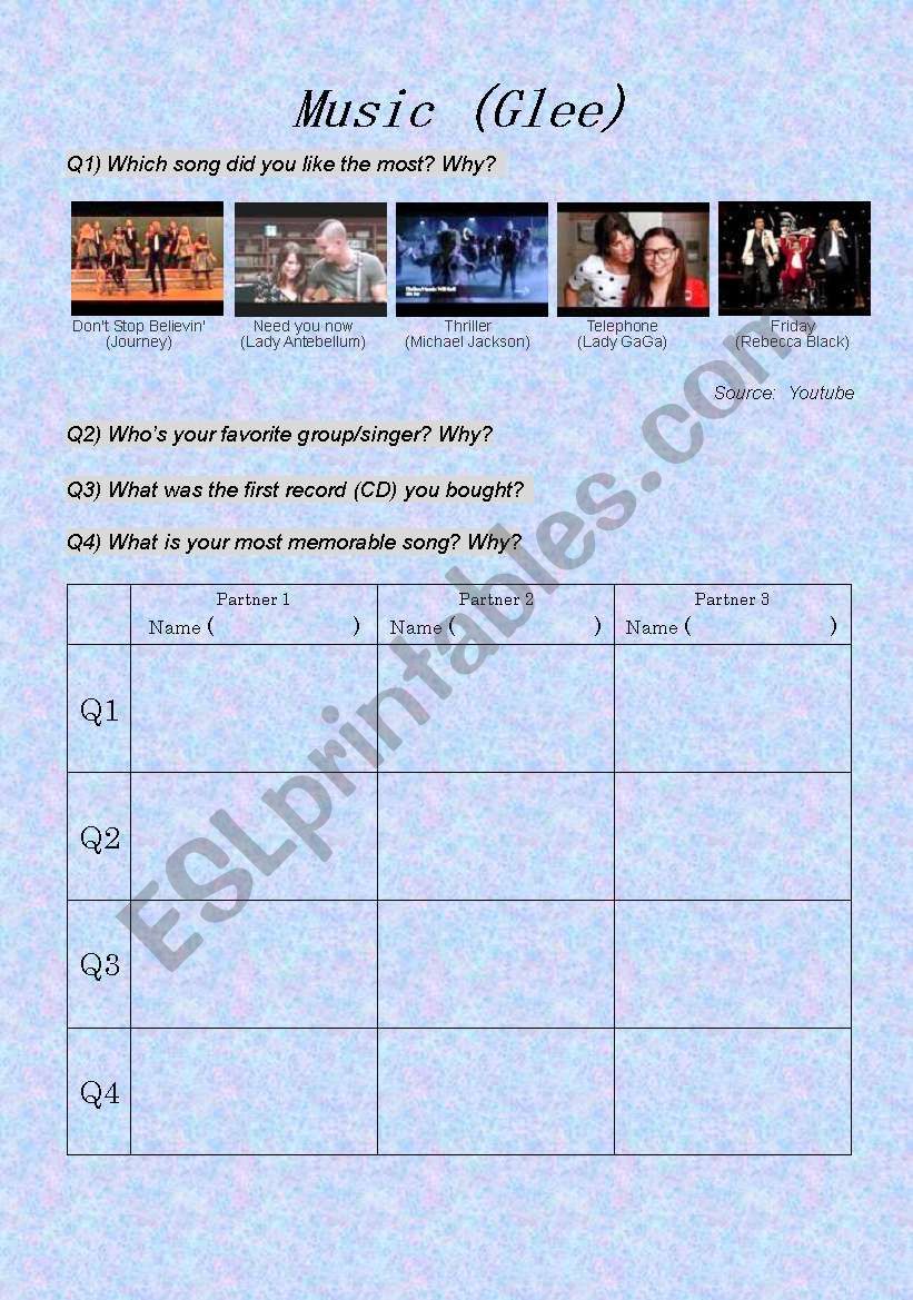 Glee music worksheet worksheet