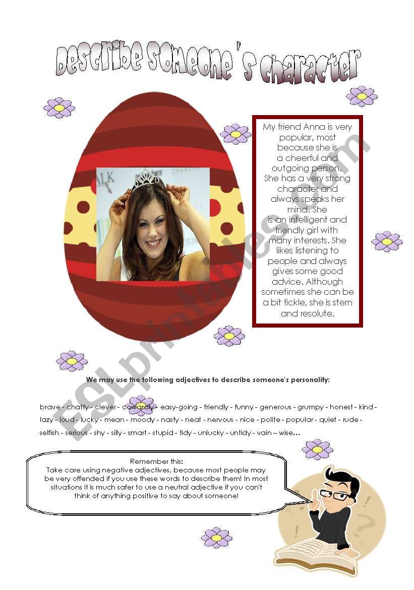 Describe someoneÂ´s character worksheet