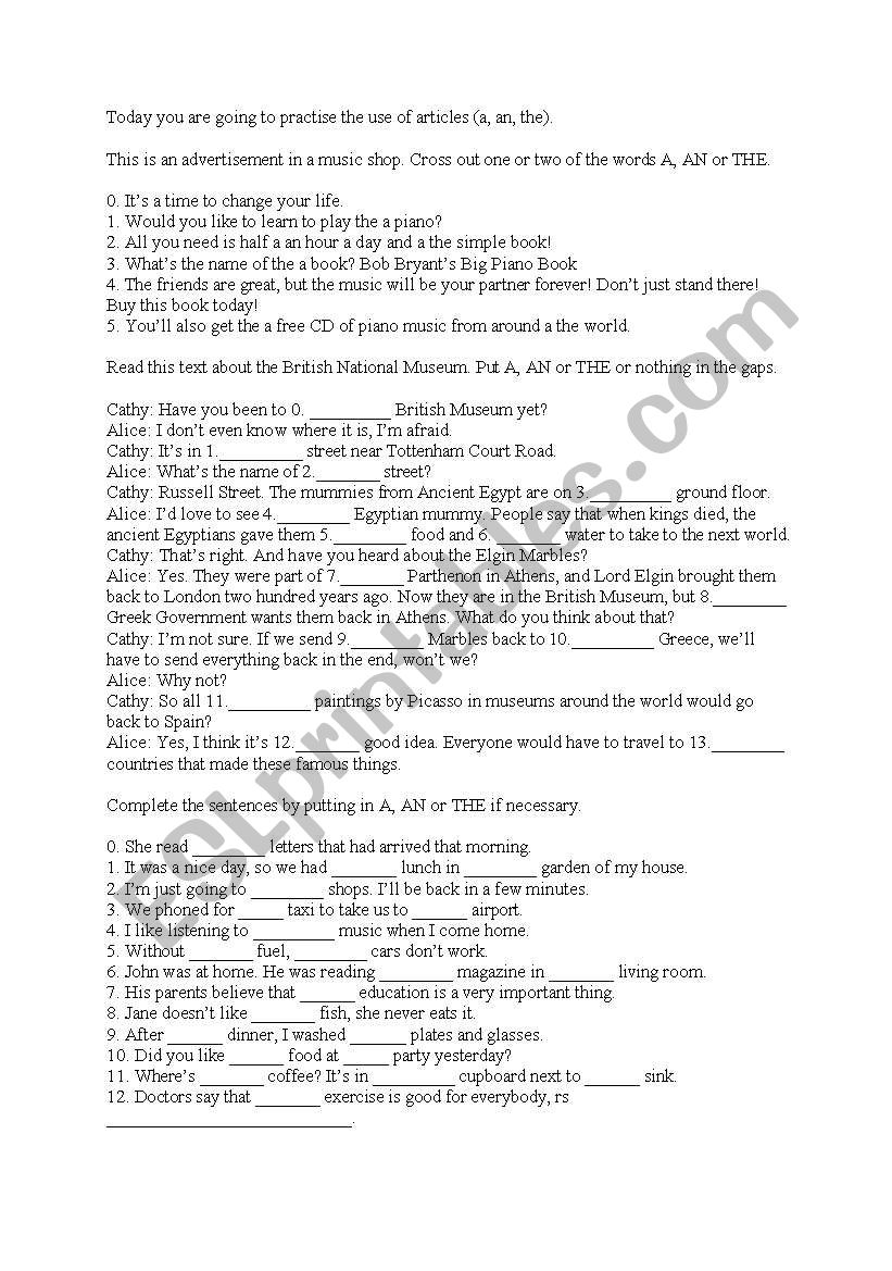 Articles worksheet