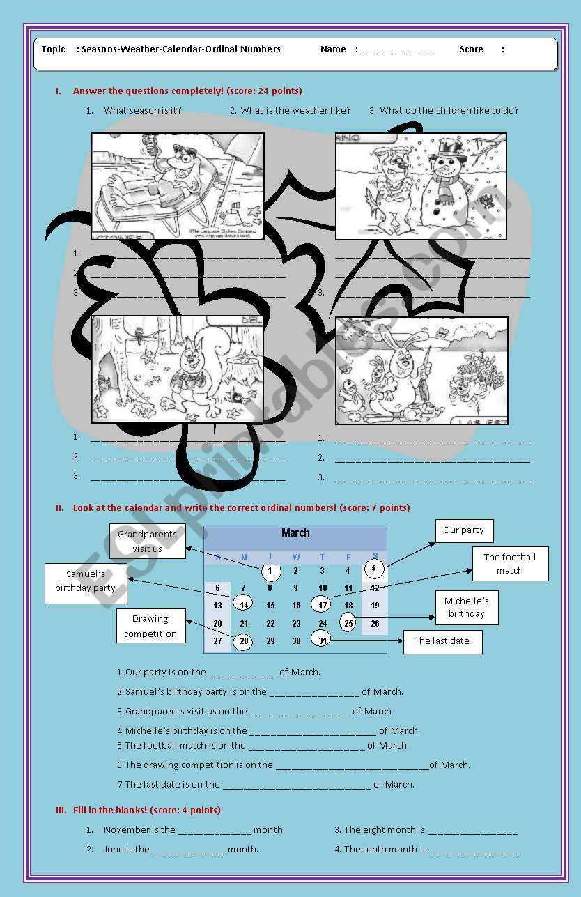 SEASONS-WEATHER-CALENDAR-ORDINAL NUMBERS