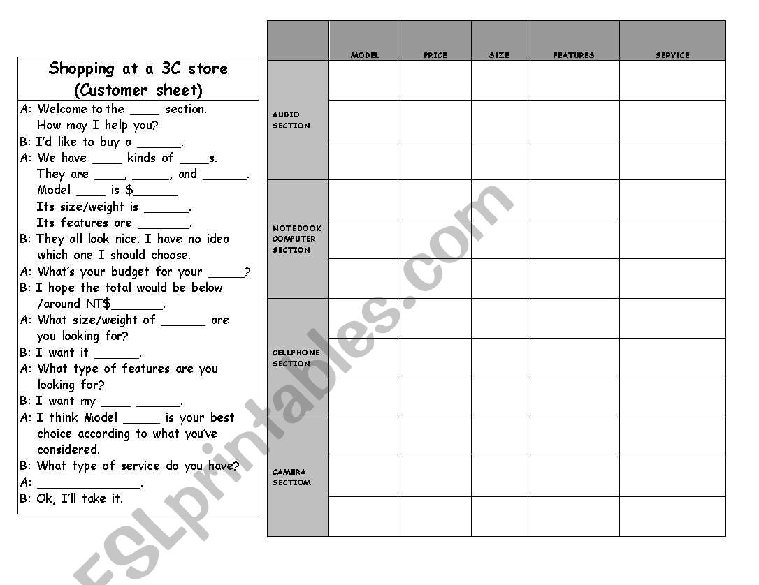 shopping at  a 3c shop worksheet