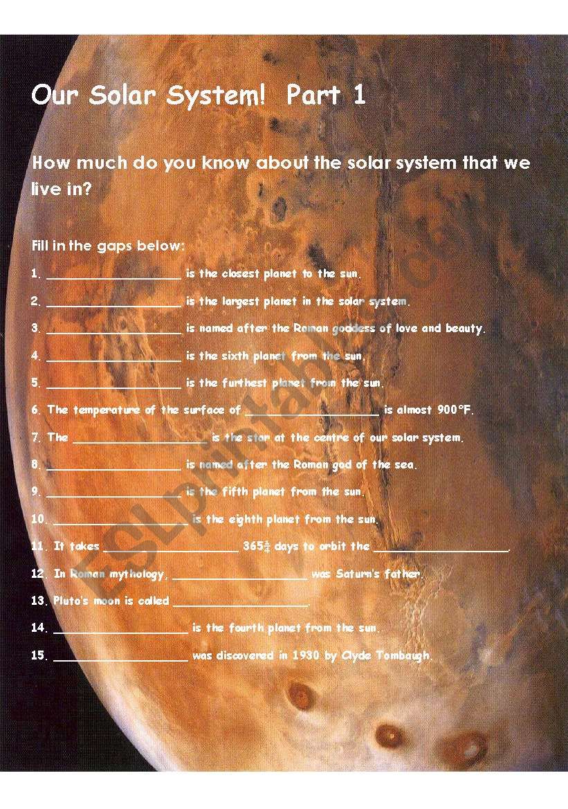 Our Solar System Part 1 worksheet