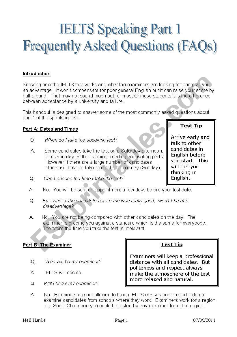 IELTS Speaking Part 1 FAQs worksheet