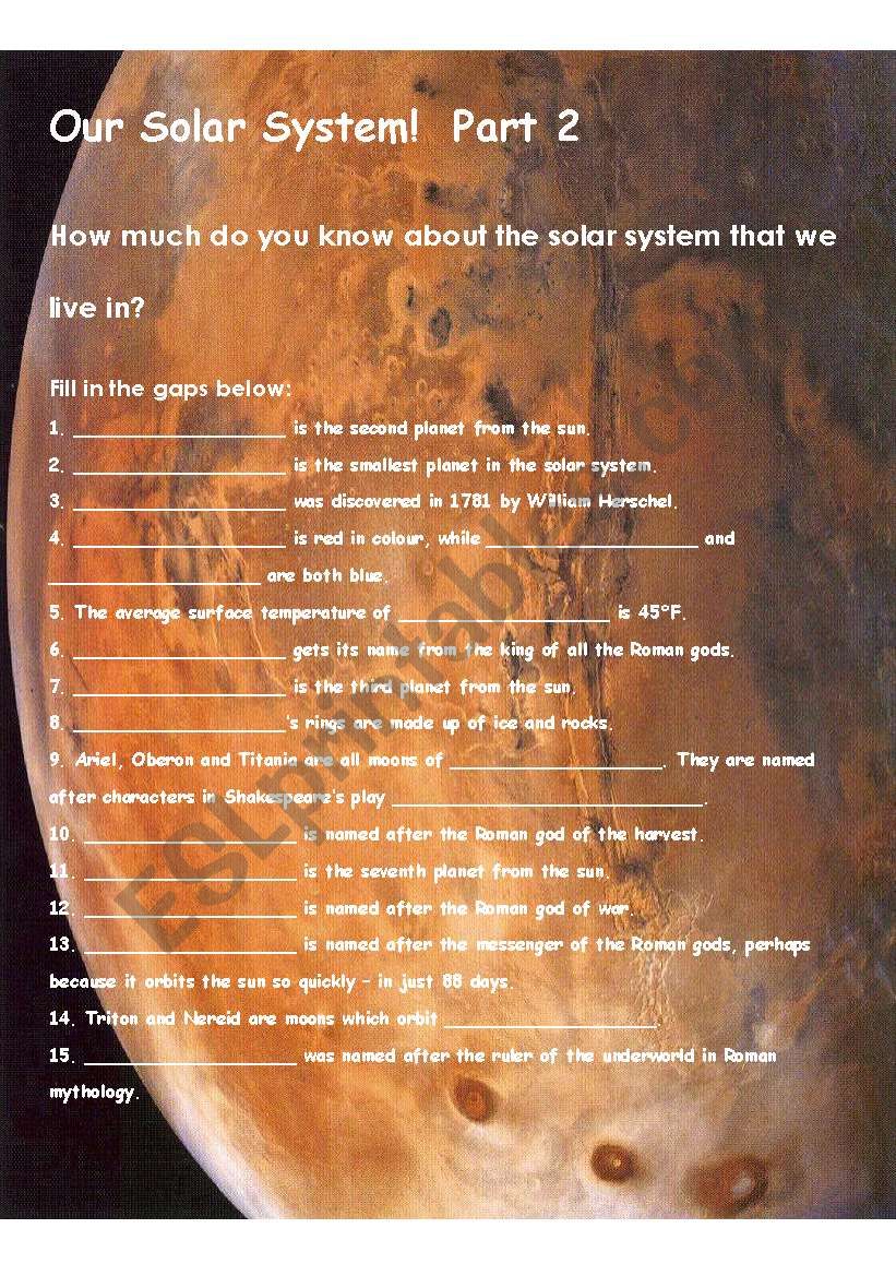 Our Solar System Part 2 worksheet