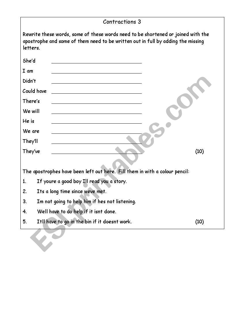 Mastering Contractions worksheet