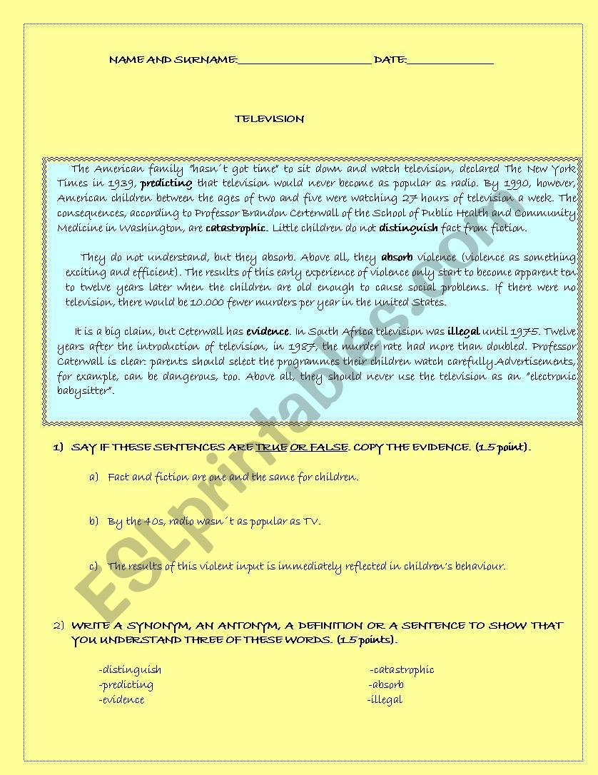 Television worksheet