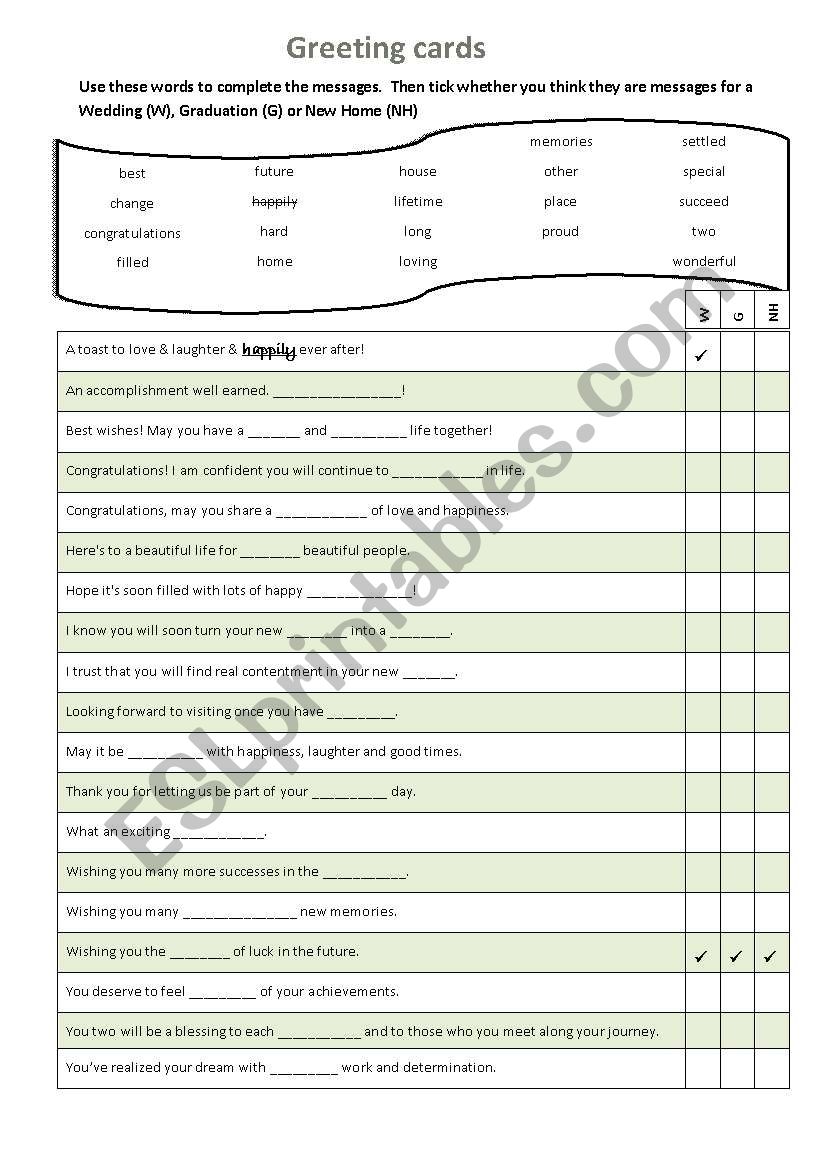 Greeting cards worksheet