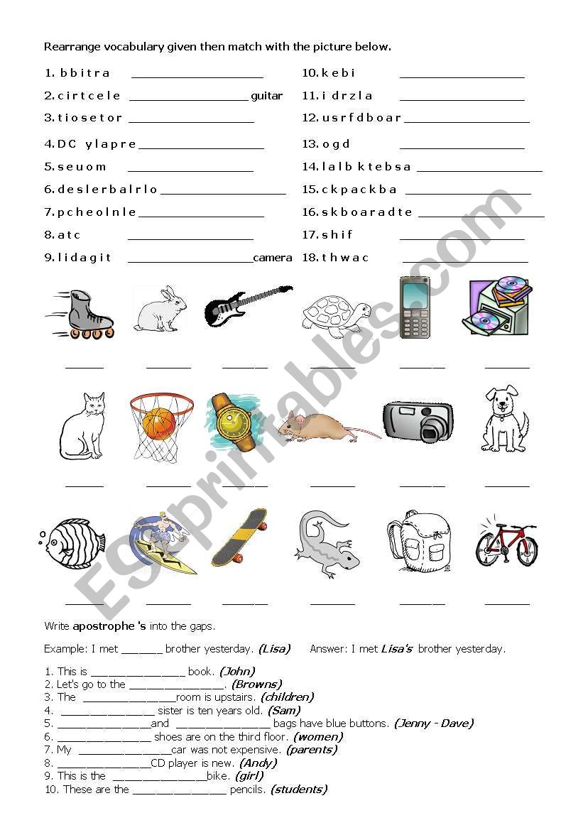 Vocabulary/ Apostrophe s  worksheet