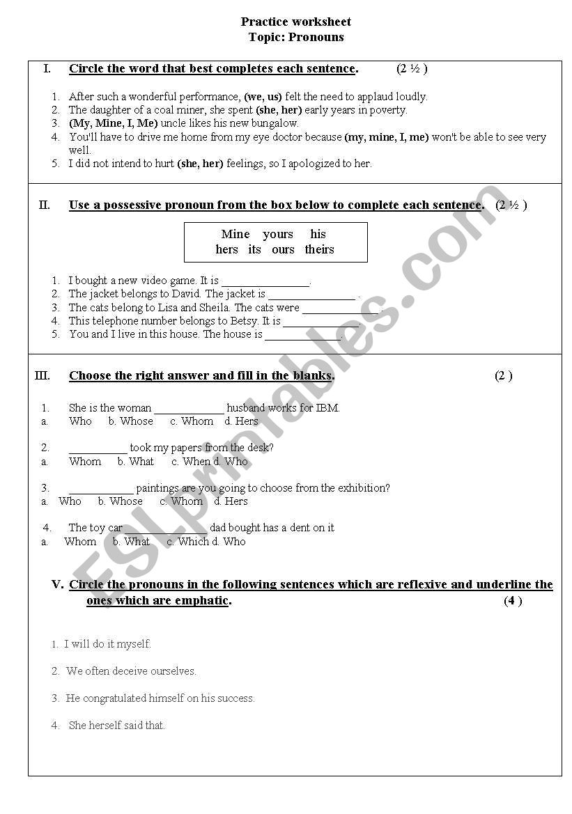 pronouns worksheet