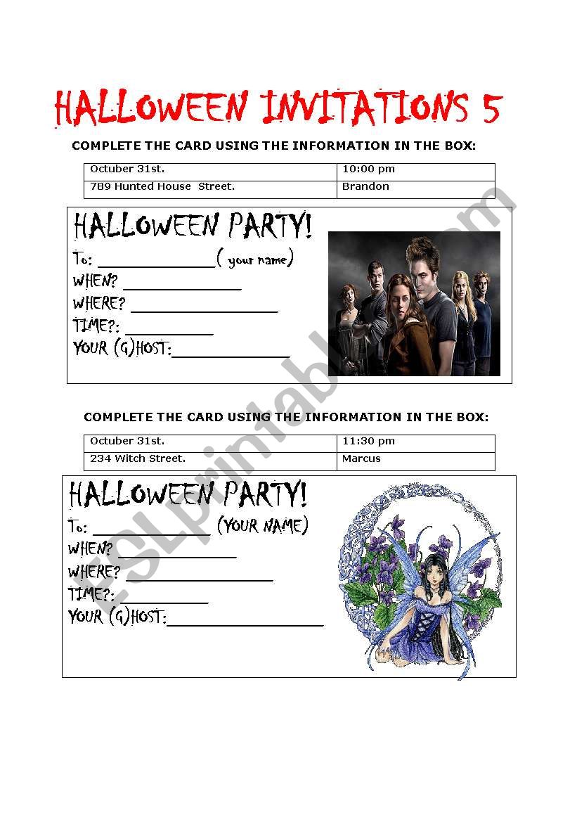 HALLOWEEN INVITATIONS 5 worksheet