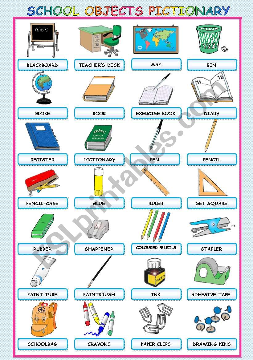 SCHOOL OBJECTS PICTIONARY worksheet