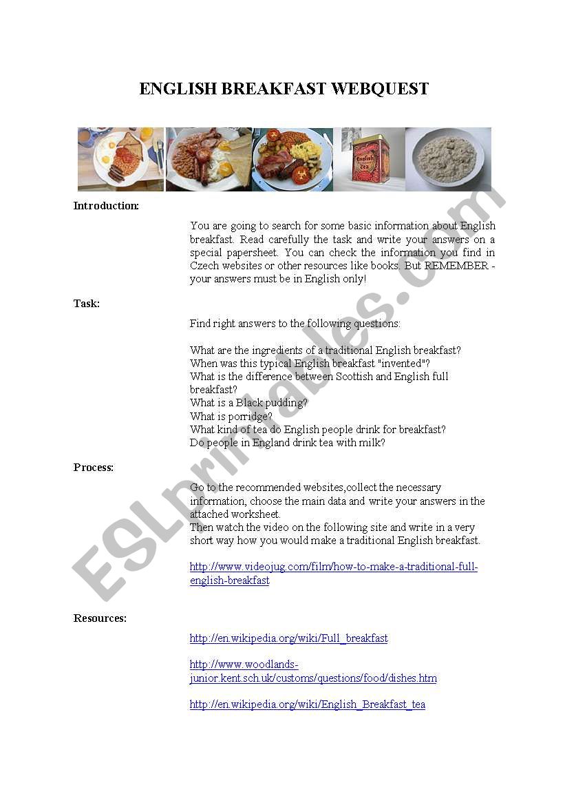 ENGLISH BREAKFAST webquest worksheet