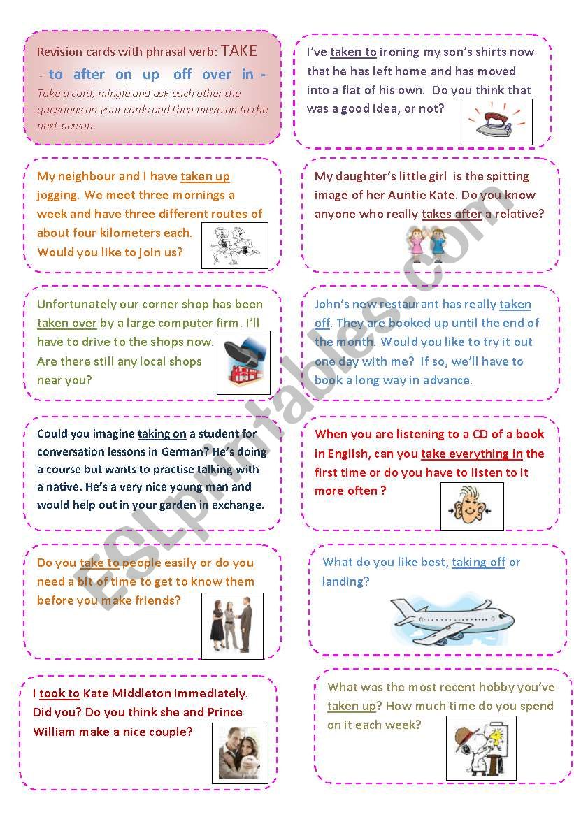 Conversation cards (1) focusing on the phrasal verb TAKE. 