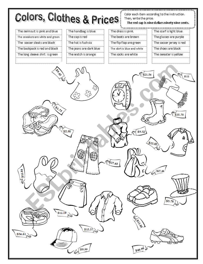 Colors, clothes and prices worksheet