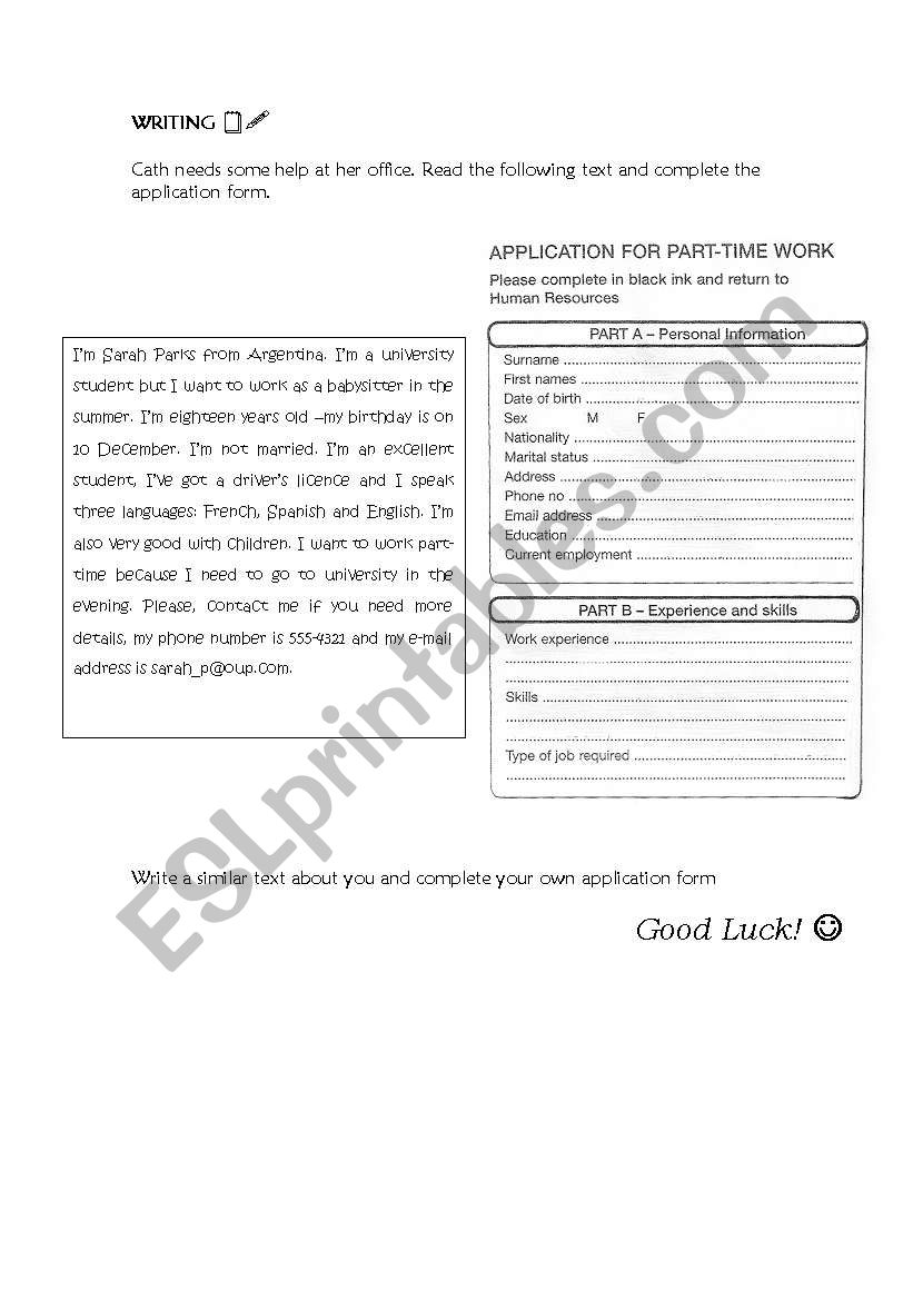 Writing - Application Form worksheet