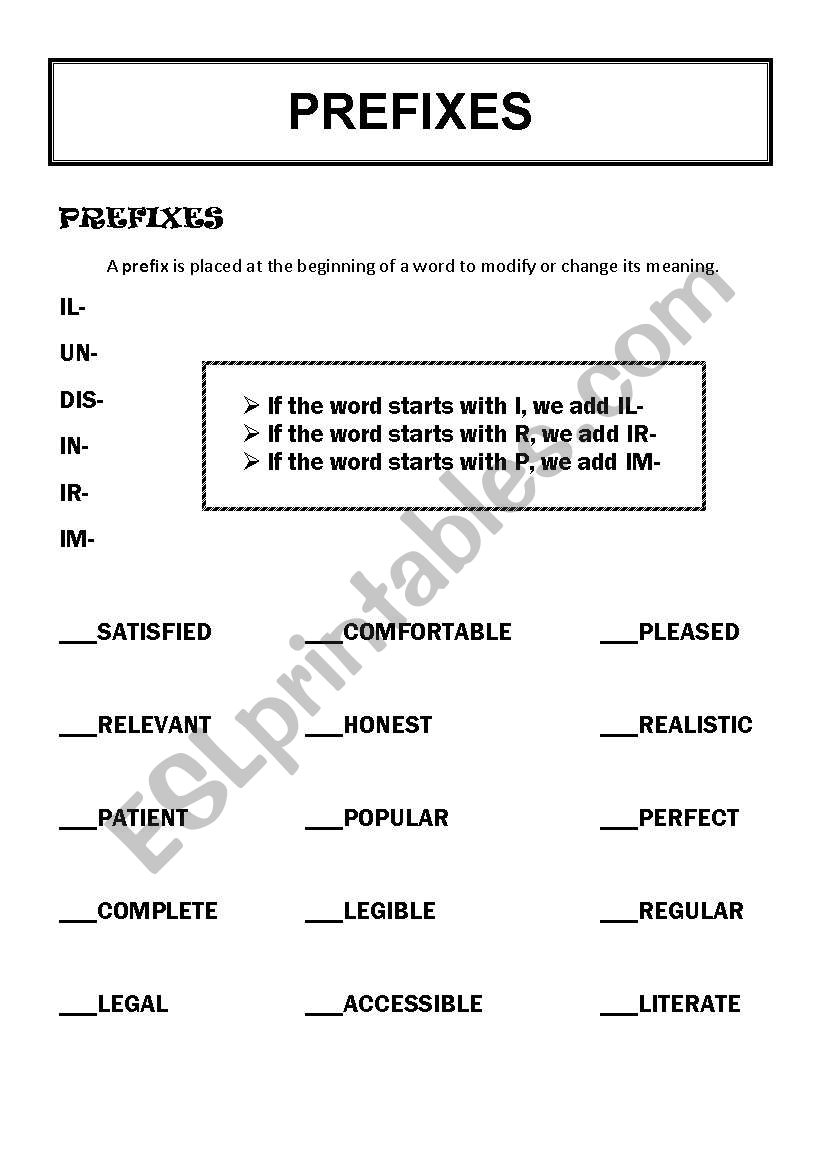 PREFIXES worksheet