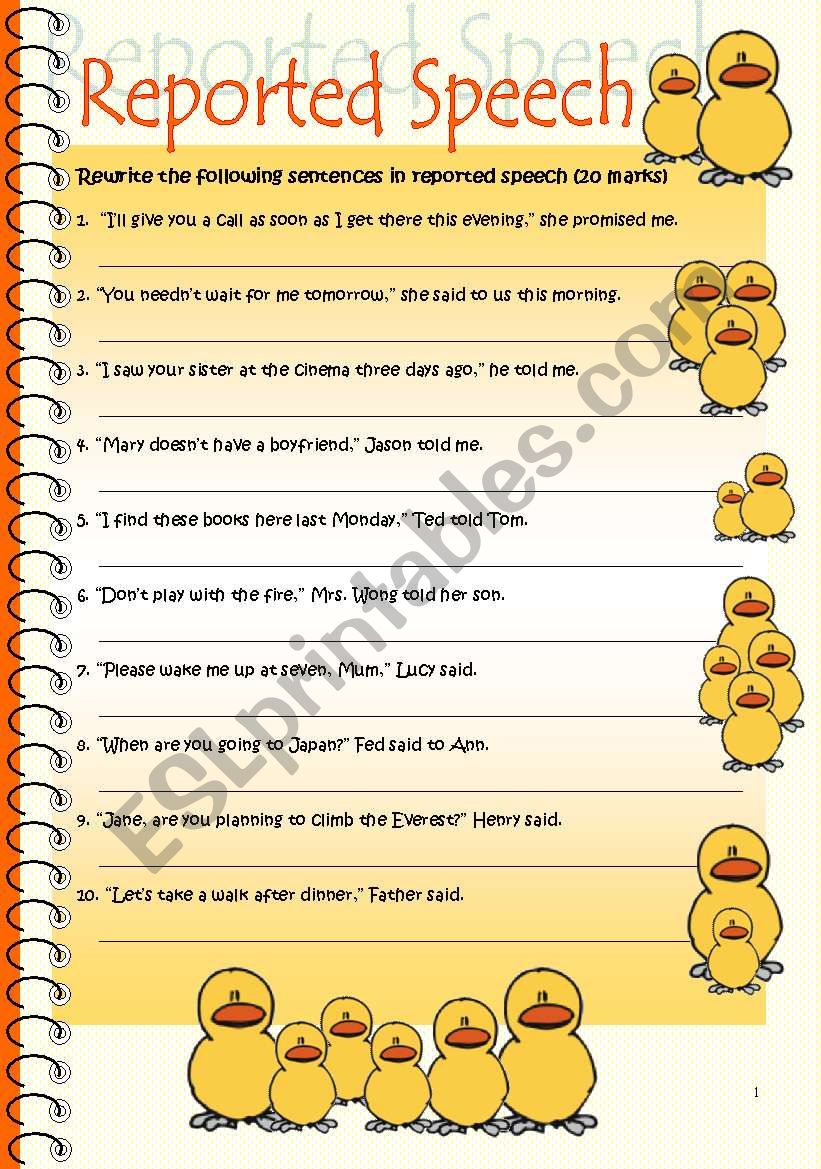 reported speech worksheets for esl