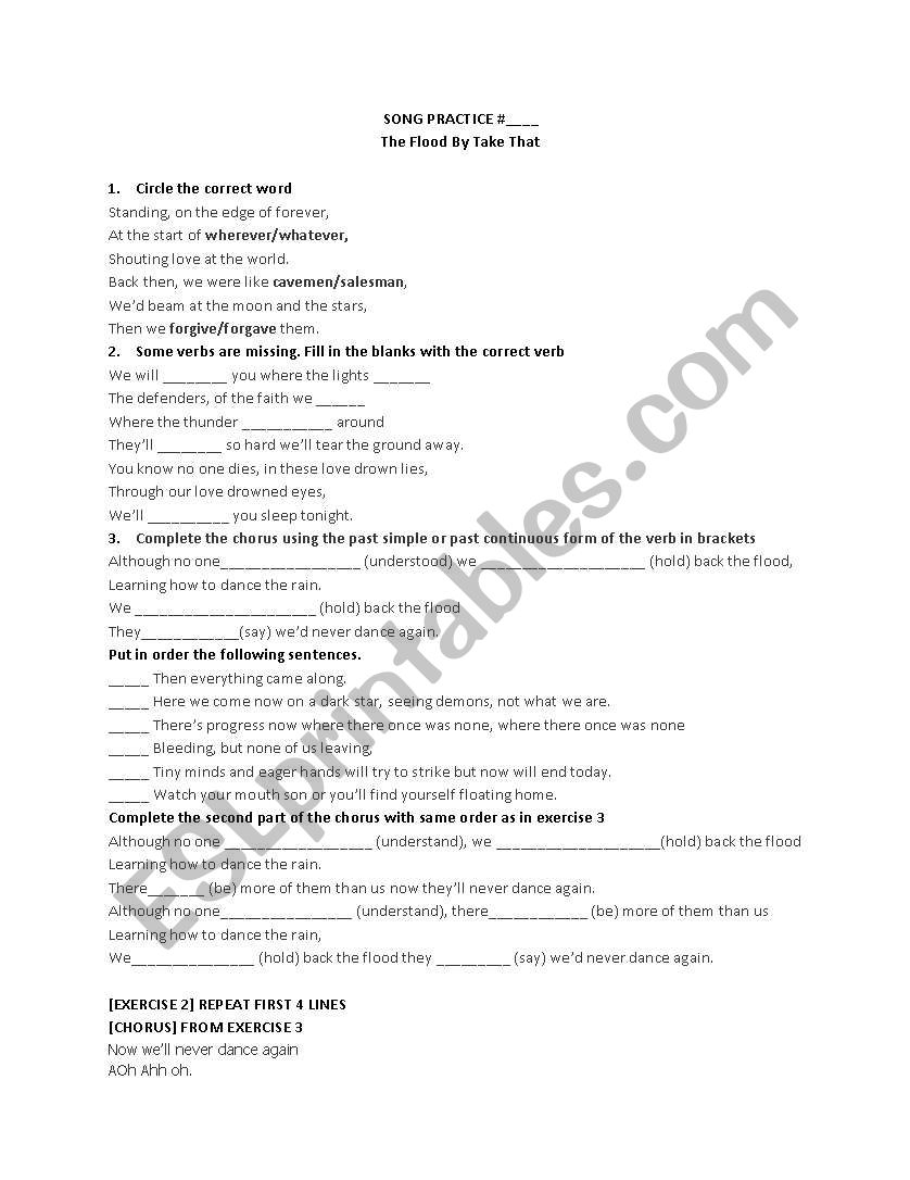 SONG WORKSHEET THE FLOOD BY TAKE THAT