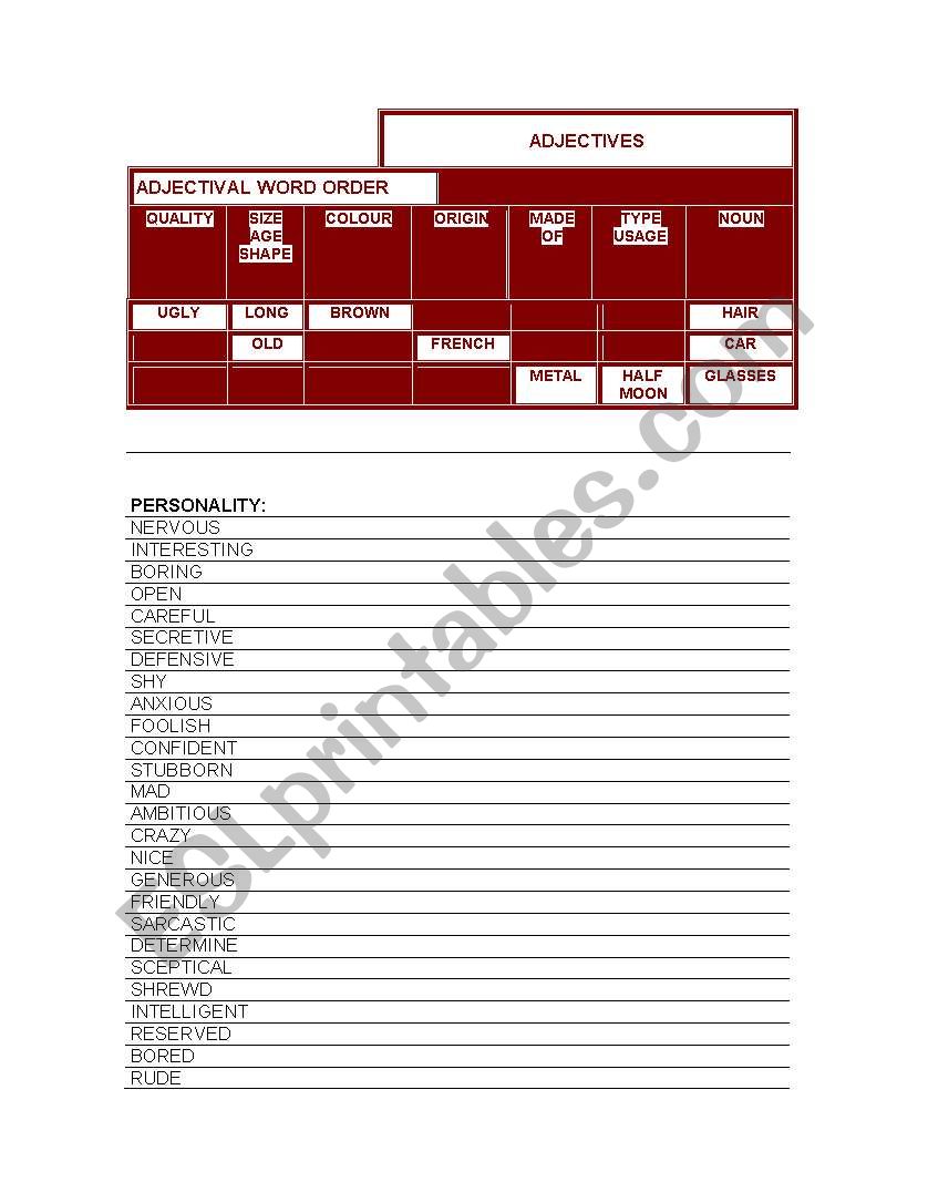 Adjetives worksheet