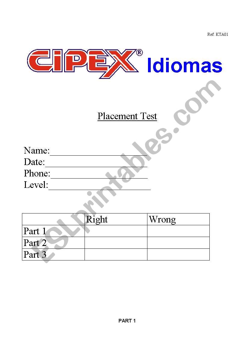Placement  Test worksheet