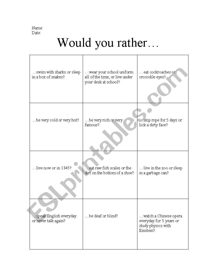 Would you rather... worksheet