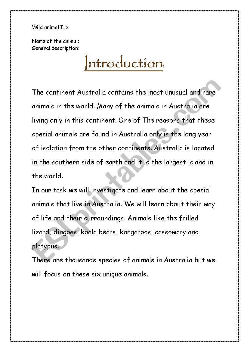 an activity about wild animals in Australia that integrates an online work and writing activities.  