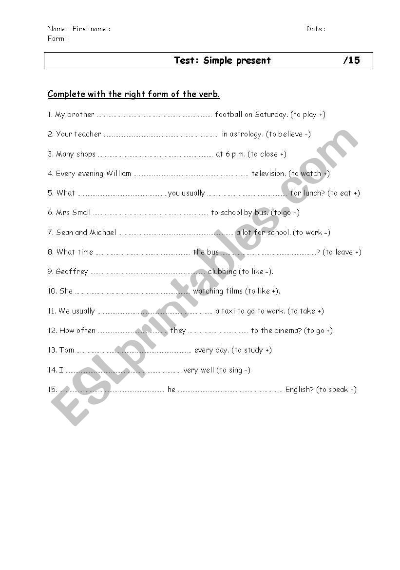 Test: Simple Present worksheet